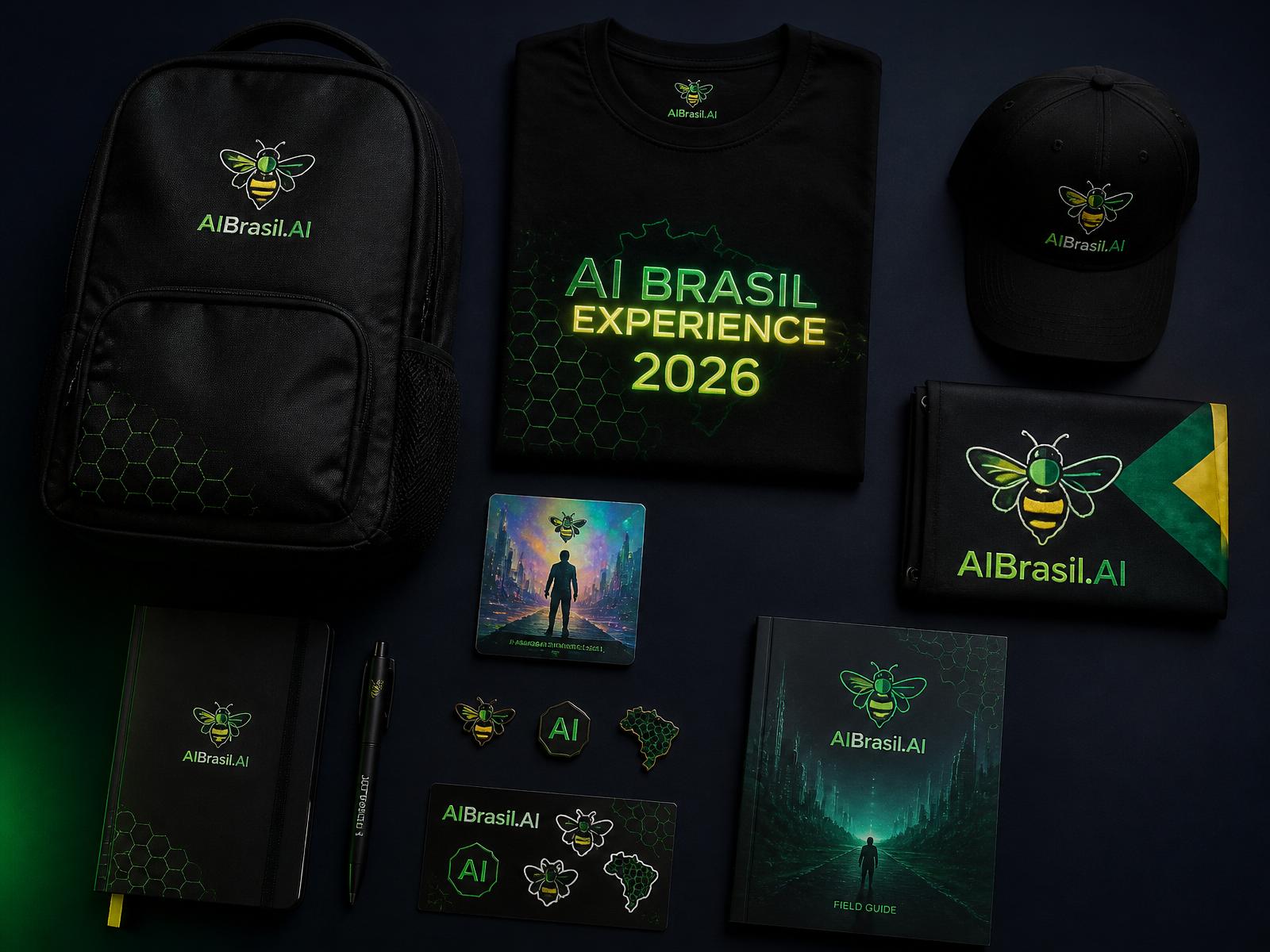 Welcome Kit AI Brasil Flagship 2026 em flat lay: mochila, camiseta, boné, bandeira, card holográfico, broches, adesivos, caderno, caneta e guia.