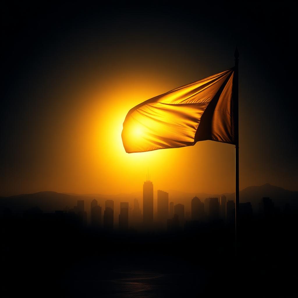Bandeira dourada tremulando sobre a cidade