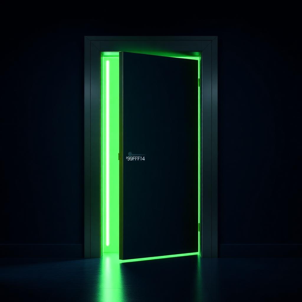 Porta metálica entreaberta com luz neon verde