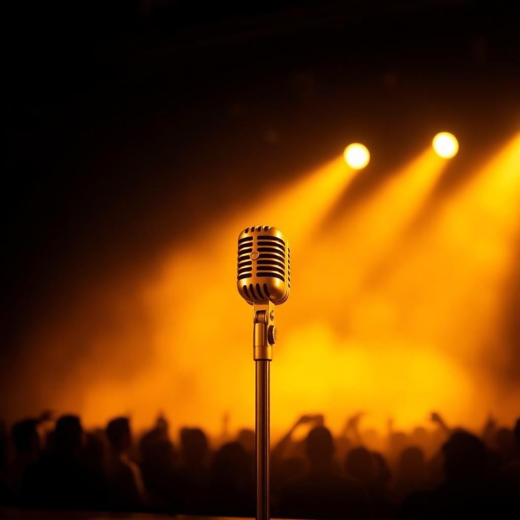 Microfone dourado no palco sob refletores